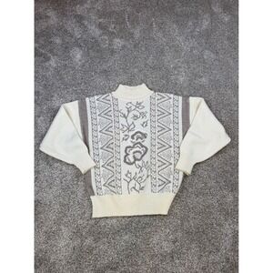 Vintage BHS Floral Knit Sweater Cream Taupe Mock Neck Wool Blend Size 12 UK